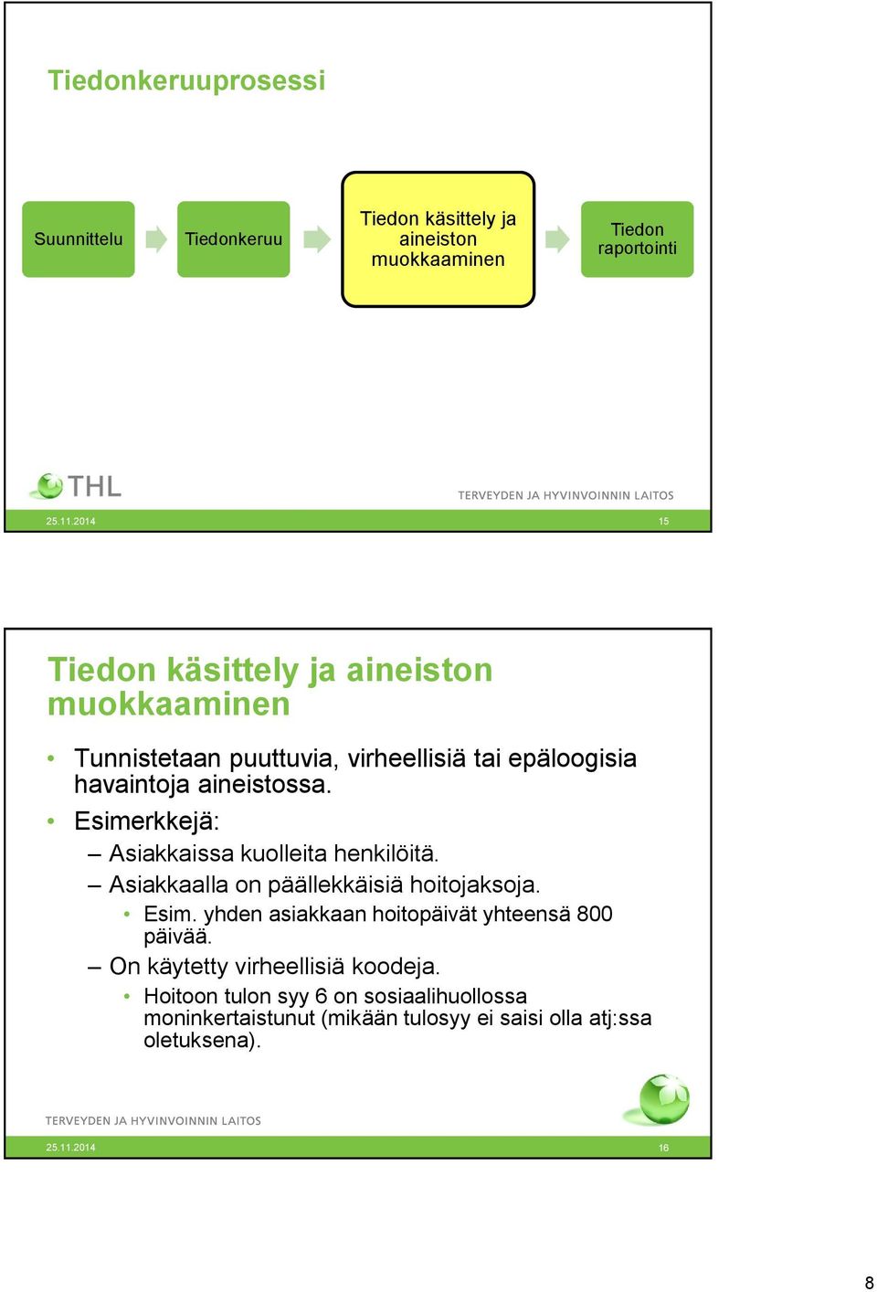 Esimerkkejä: Asiakkaissa kuolleita henkilöitä. Asiakkaalla on päällekkäisiä hoitojaksoja. Esim.