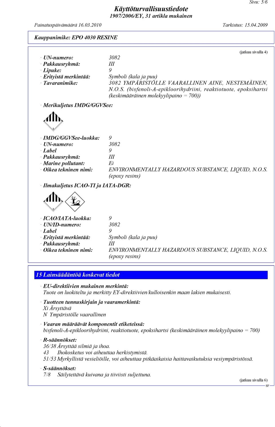 Pakkausryhmä: III Marine pollutant: Ei Oikea tekninen nimi: ENVIRONMENTALLY HAZARDOUS 
