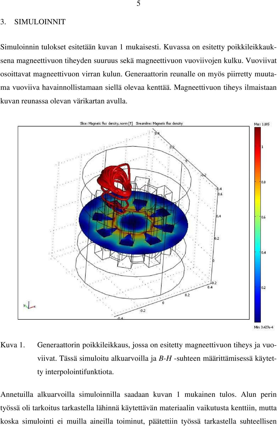 Magneettivuon tiheys ilmaistaan kuvan reunassa olevan värikartan avulla. Kuva 1. Generaattorin poikkileikkaus, jossa on esitetty magneettivuon tiheys ja vuoviivat.