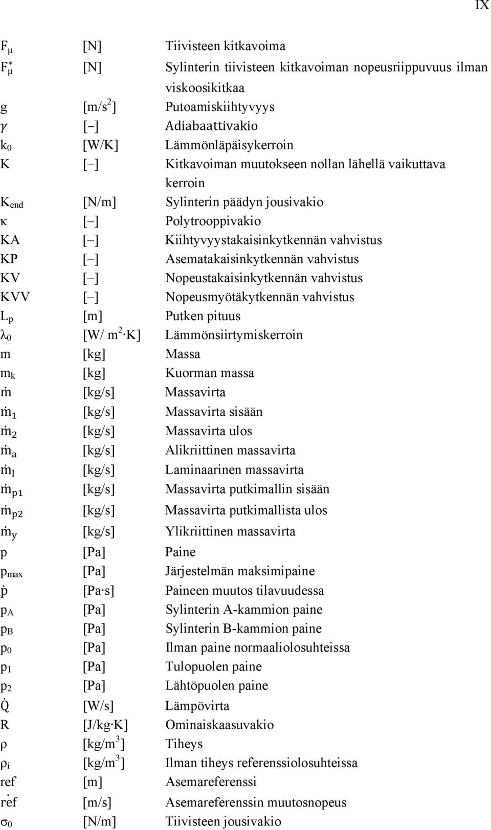 vahvistus KV [ ] Nopeustakaisinkytkennän vahvistus KVV [ ] Nopeusmyötäkytkennän vahvistus L p [m] Putken pituus λ 0 [W/ m 2 K] Lämmönsiirtymiskerroin m [kg] Massa m k [kg] Kuorman massa m [kg/s]