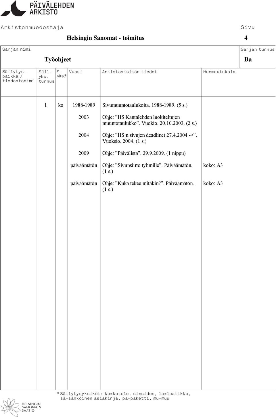 ) 2004 Ohje: HS:n sivujen deadlinet 27.4.2004 ->. Vuoksio. 2004. (1 s.) 2009 