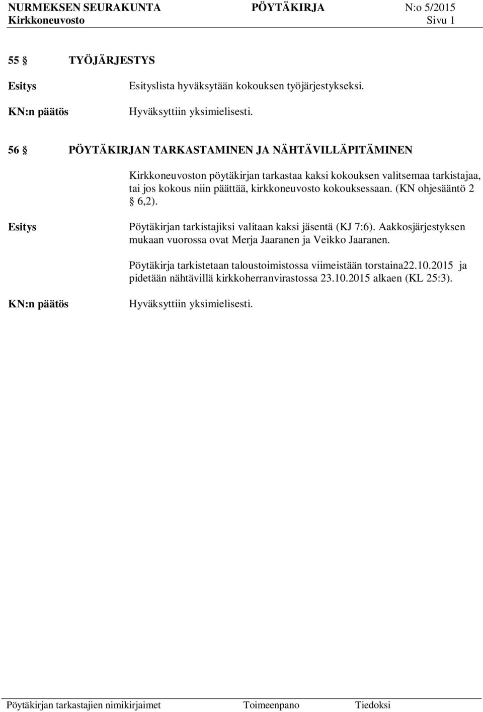 kirkkoneuvosto kokouksessaan. (KN ohjesääntö 2 6,2). Pöytäkirjan tarkistajiksi valitaan kaksi jäsentä (KJ 7:6).
