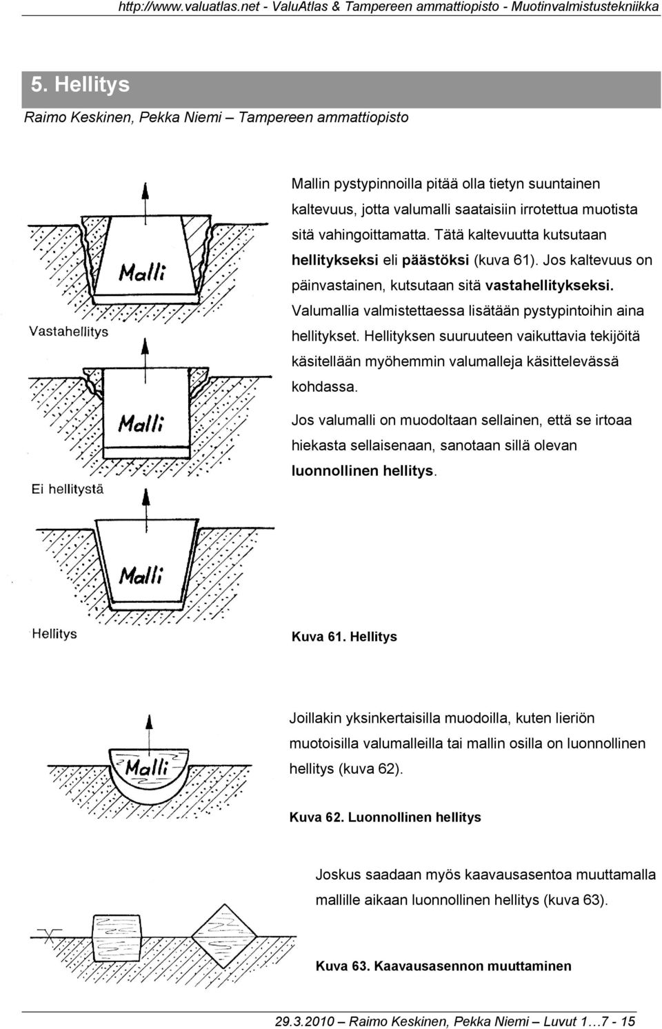 Valumallia valmistettaessa lisätään pystypintoihin aina hellitykset. Hellityksen suuruuteen vaikuttavia tekijöitä käsitellään myöhemmin valumalleja käsittelevässä kohdassa.