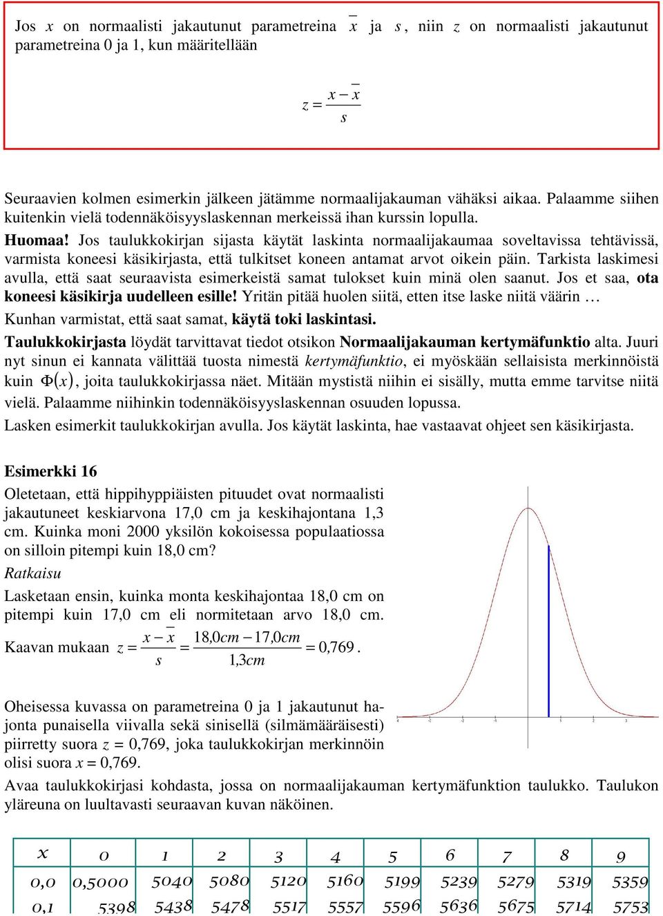 Jos taulukkokrjan sjasta käytät lasknta normaaljakaumaa soveltavssa tehtävssä, varmsta konees käskrjasta, että tulktset koneen antamat arvot oken pän.