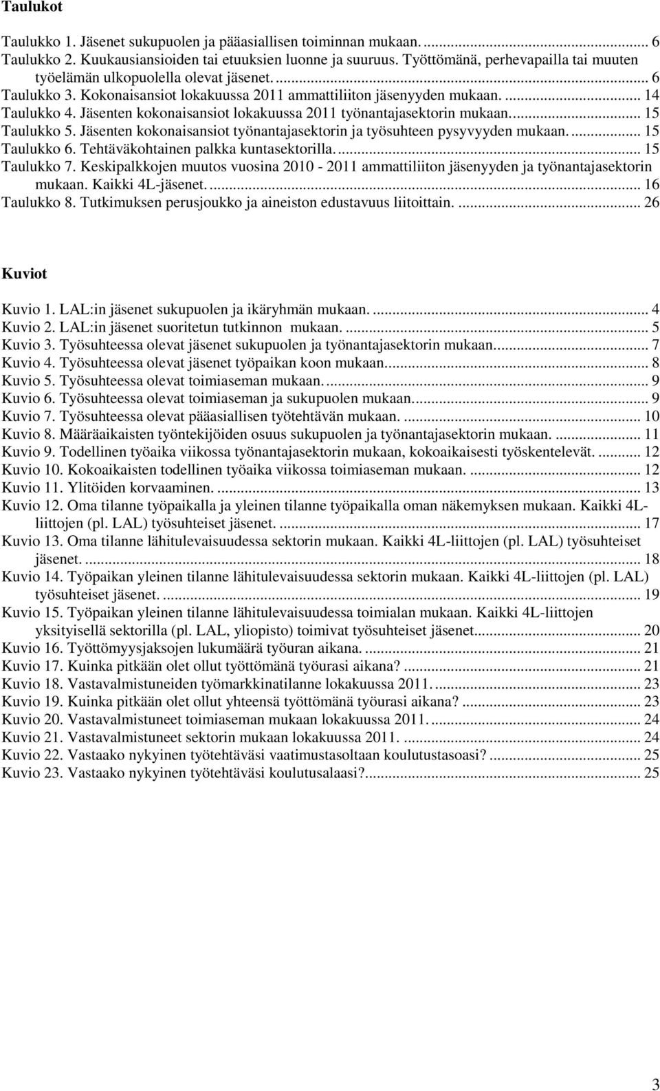 Jäsenten kokonaisansiot lokakuussa 2011 työnantajasektorin mukaan.... 15 Taulukko 5. Jäsenten kokonaisansiot työnantajasektorin ja työsuhteen pysyvyyden mukaan.... 15 Taulukko 6.