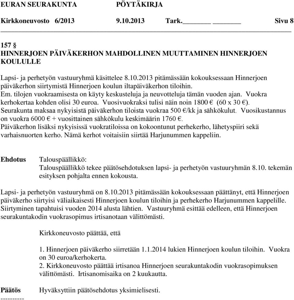 Seurakunta maksaa nykyisistä päiväkerhon tiloista vuokraa 500 /kk ja sähkökulut. Vuosikustannus on vuokra 6000 + vuosittainen sähkökulu keskimäärin 1760.