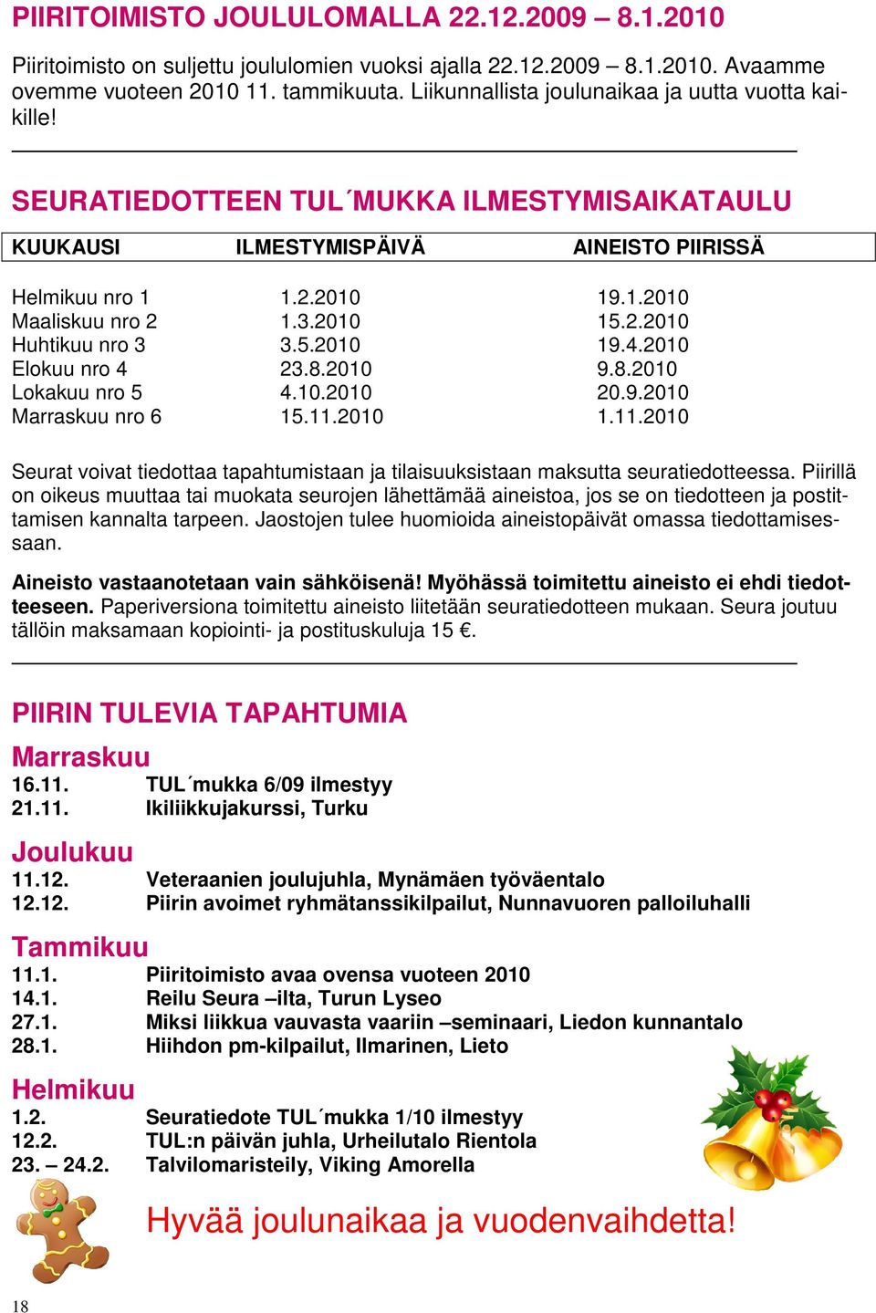 2010 15.2.2010 Huhtikuu nro 3 3.5.2010 19.4.2010 Elokuu nro 4 23.8.2010 9.8.2010 Lokakuu nro 5 4.10.2010 20.9.2010 Marraskuu nro 6 15.11.