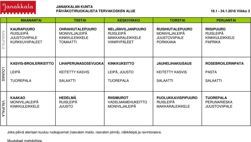 ROSEBROILERINPATA LEIPÄ KEITETTY KASVIS LEIPÄ, JUUSTO KEITETTY KASVIS PASTA KAAKAO HEDELMÄ