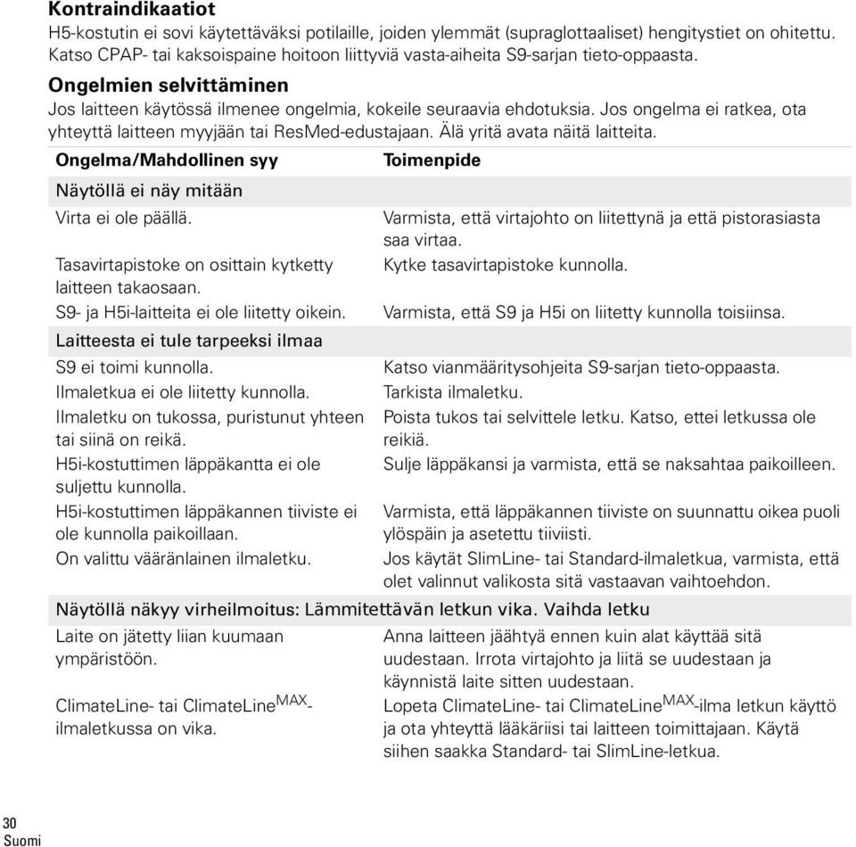 Jos ongelma ei ratkea, ota yhteyttä laitteen myyjään tai ResMed-edustajaan. Älä yritä avata näitä laitteita. Ongelma/Mahdollinen syy Toimenpide Näytöllä ei näy mitään Virta ei ole päällä.