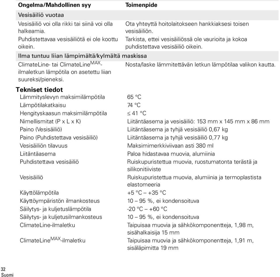 Ilma tuntuu liian lämpimältä/kylmältä maskissa ClimateLine- tai ClimateLine MAX - Nosta/laske lämmitettävän letkun lämpötilaa valikon kautta. ilmaletkun lämpötila on asetettu liian suureksi/pieneksi.