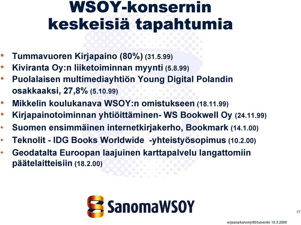 99) Puolalaisen multimediayhtiön Young Digital Polandin osakkaaksi, 27,8% (5.10.99) Mikkelin koulukanava WSOY:n omistukseen (18.