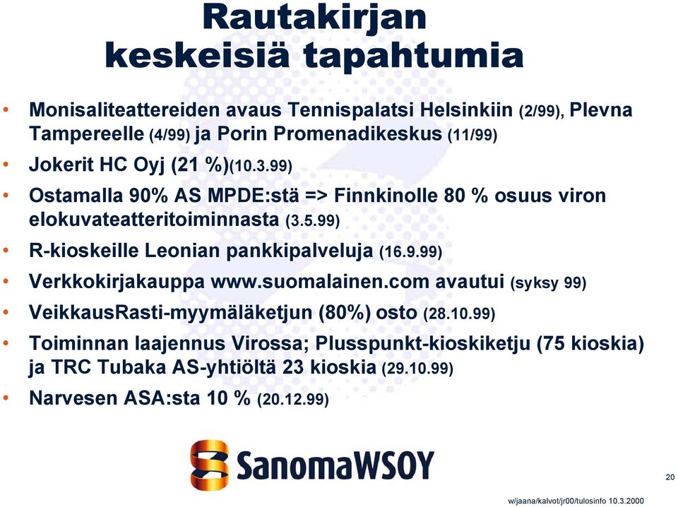 99) R-kioskeille Leonian pankkipalveluja (16.9.99) Verkkokirjakauppa www.suomalainen.