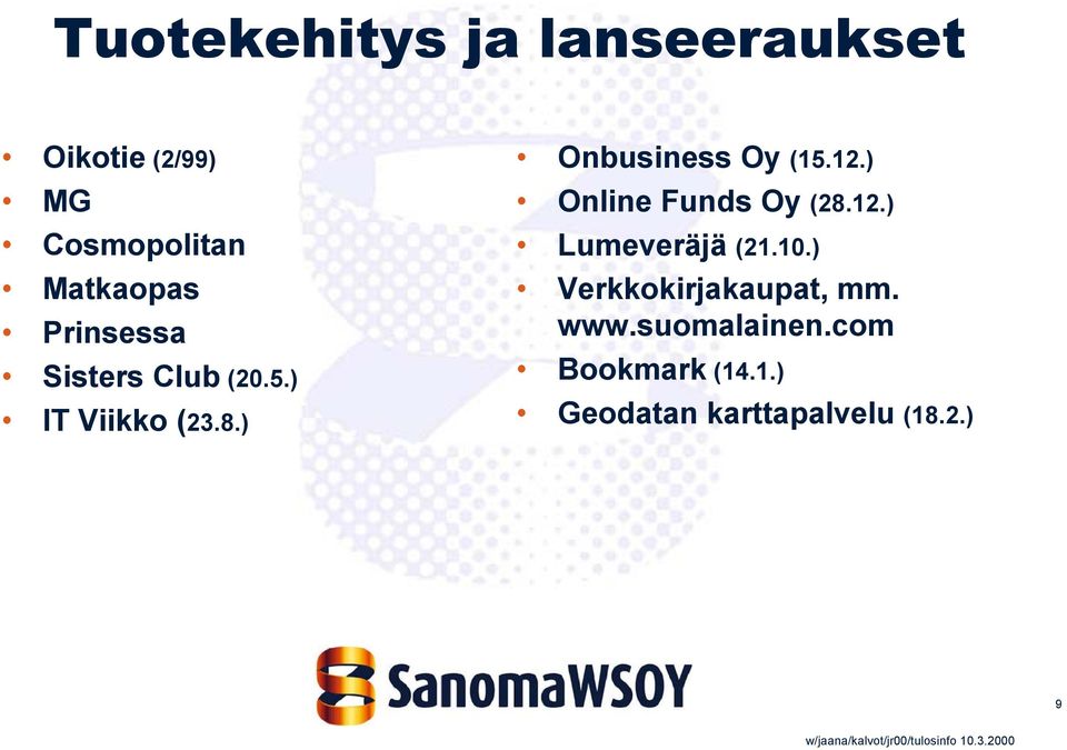 ) Onbusiness Oy (15.12.) Online Funds Oy (28.12.) Lumeveräjä (21.10.