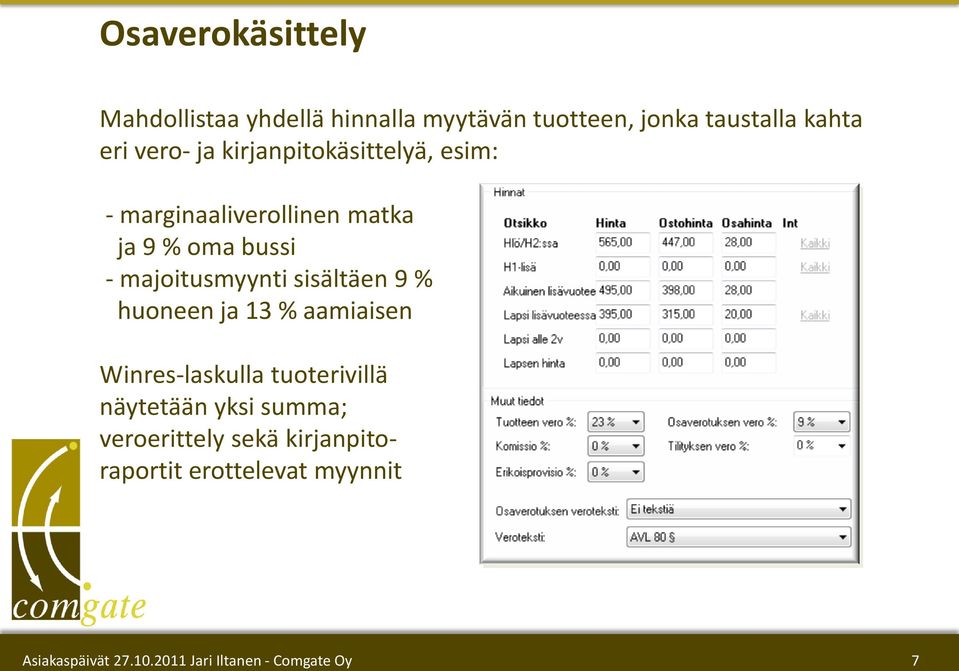 oma bussi - majoitusmyynti sisältäen 9 % huoneen ja 13 % aamiaisen Winres-laskulla