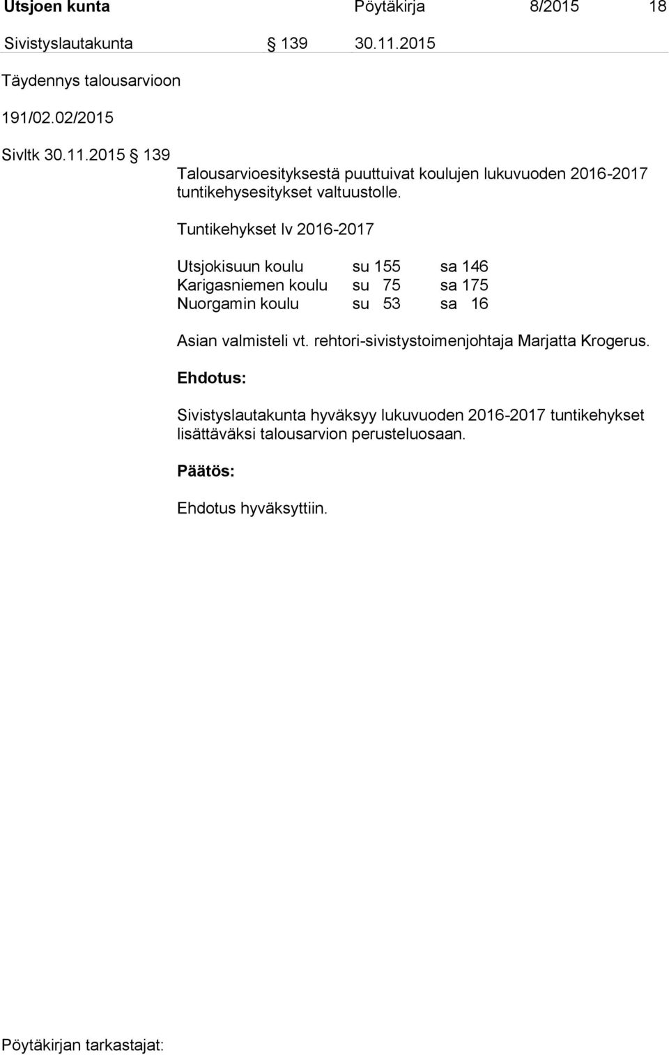 2015 139 Talousarvioesityksestä puuttuivat koulujen lukuvuoden 2016-2017 tuntikehysesitykset valtuustolle.