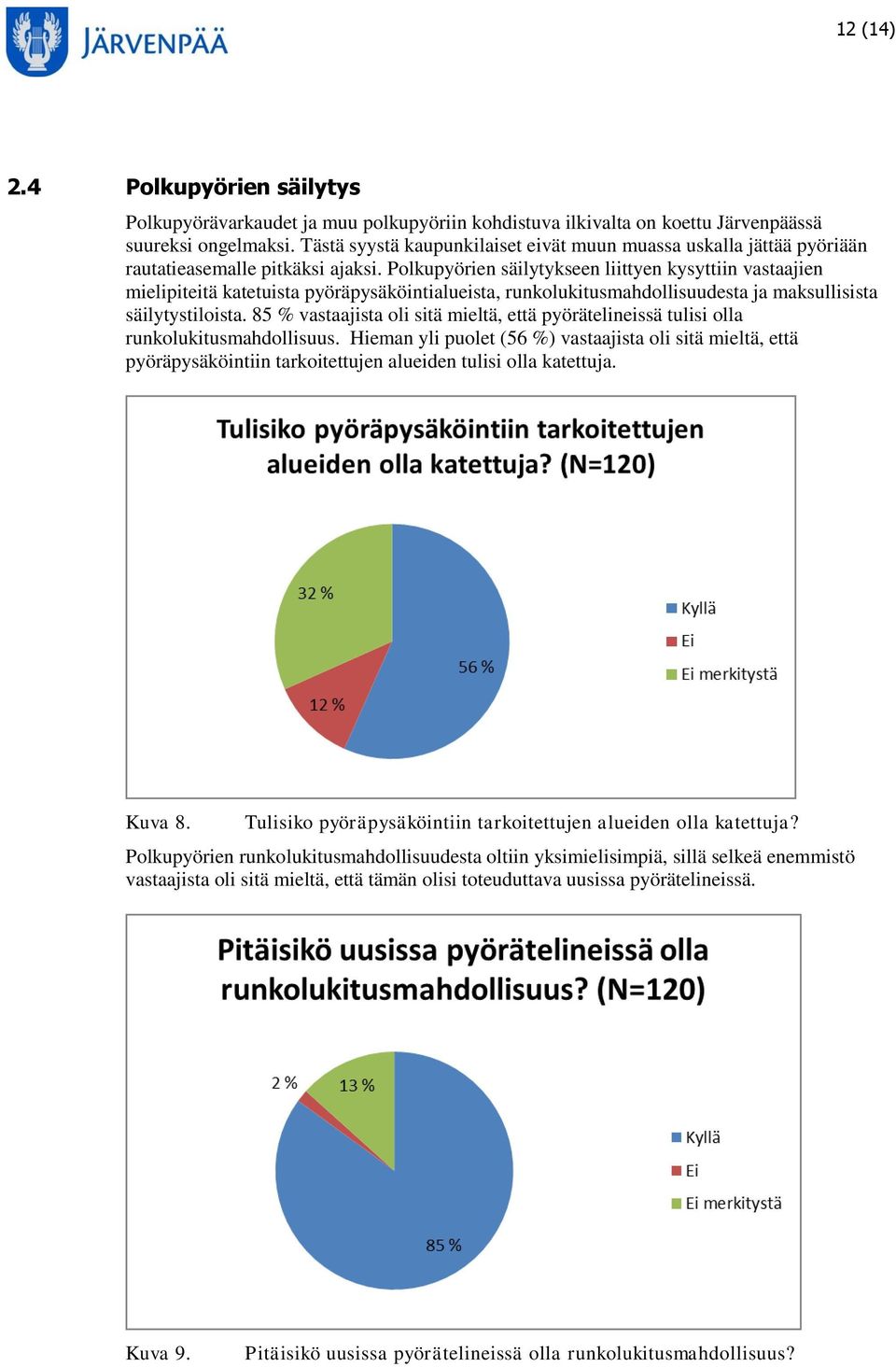 Polkupyörien säilytykseen liittyen kysyttiin vastaajien mielipiteitä katetuista pyöräpysäköintialueista, runkolukitusmahdollisuudesta ja maksullisista säilytystiloista.