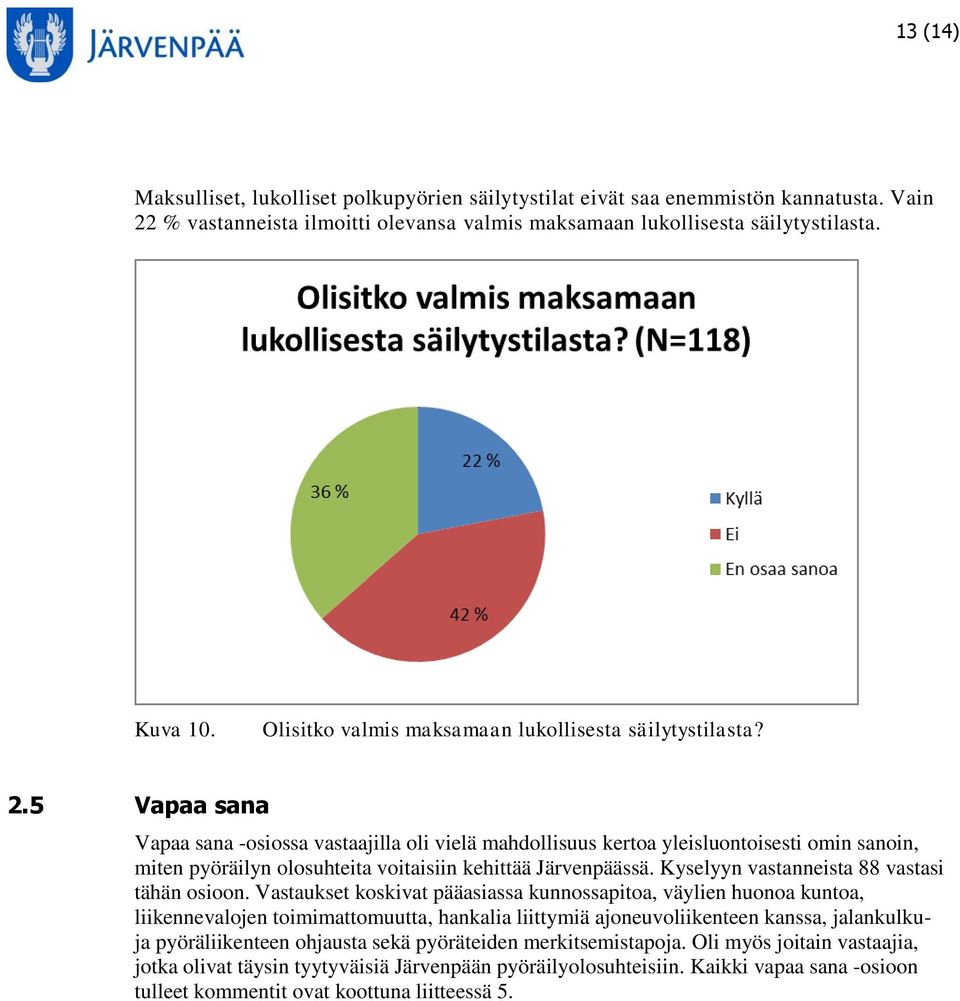 5 Vapaa sana Vapaa sana -osiossa vastaajilla oli vielä mahdollisuus kertoa yleisluontoisesti omin sanoin, miten pyöräilyn olosuhteita voitaisiin kehittää Järvenpäässä.