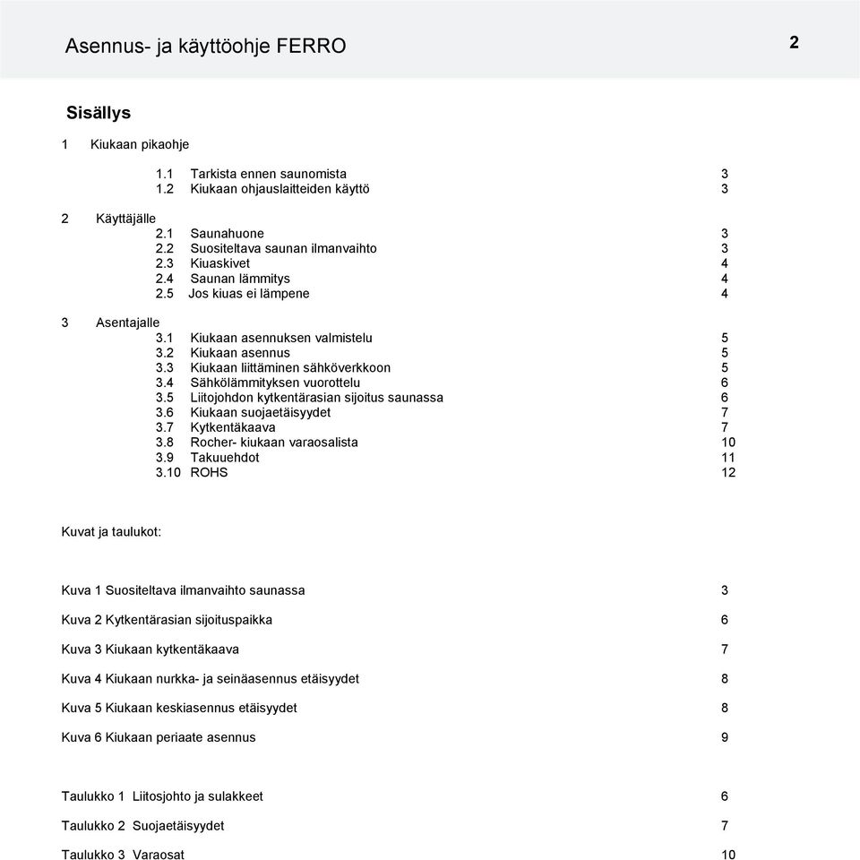 4 Sähkölämmityksen vuorottelu 6 3.5 Liitojohdon kytkentärasian sijoitus saunassa 6 3.6 Kiukaan suojaetäisyydet 7 3.7 Kytkentäkaava 7 3.8 Rocher- kiukaan varaosalista 10 3.9 Takuuehdot 11 3.