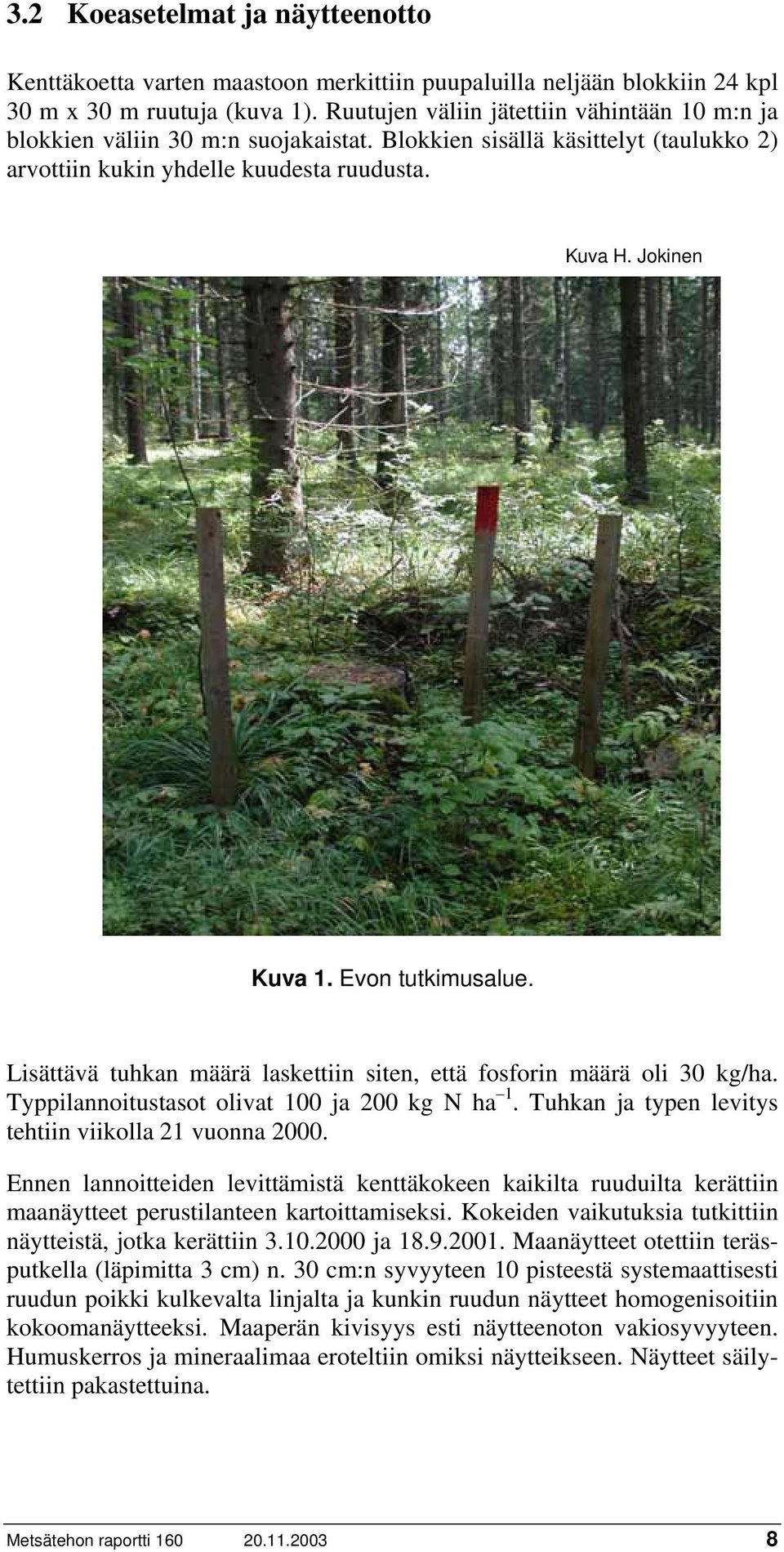 Evon tutkimusalue. Lisättävä tuhkan määrä laskettiin siten, että fosforin määrä oli 30 kg/ha. Typpilannoitustasot olivat 100 ja 200 kg N ha 1. Tuhkan ja typen levitys tehtiin viikolla 21 vuonna 2000.