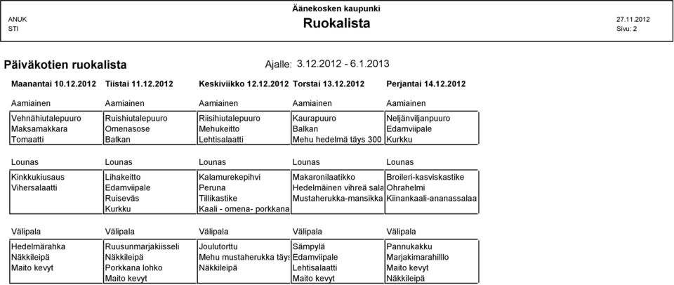 Kaurapuuro Neljänviljanpuuro Maksamakkara Omenasose Mehukeitto Balkan Edamviipale Balkan Lehtisalaatti Mehu hedelmä täys 300 %Kurkku Lounas Lounas Lounas Lounas Lounas Kinkkukiusaus Lihakeitto