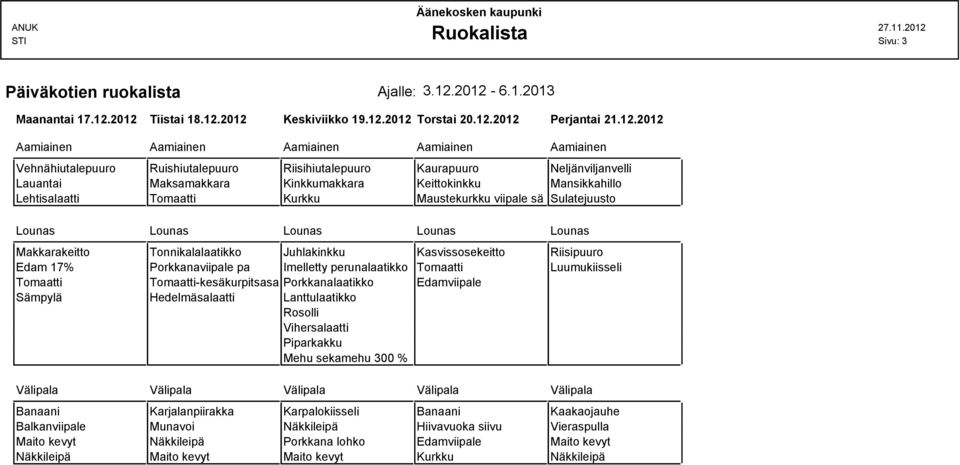 Kaurapuuro Neljänviljanvelli Lauantai Maksamakkara Kinkkumakkara Keittokinkku Mansikkahillo Lehtisalaatti Kurkku Maustekurkku viipale sä Sulatejuusto Lounas Lounas Lounas Lounas Lounas Makkarakeitto