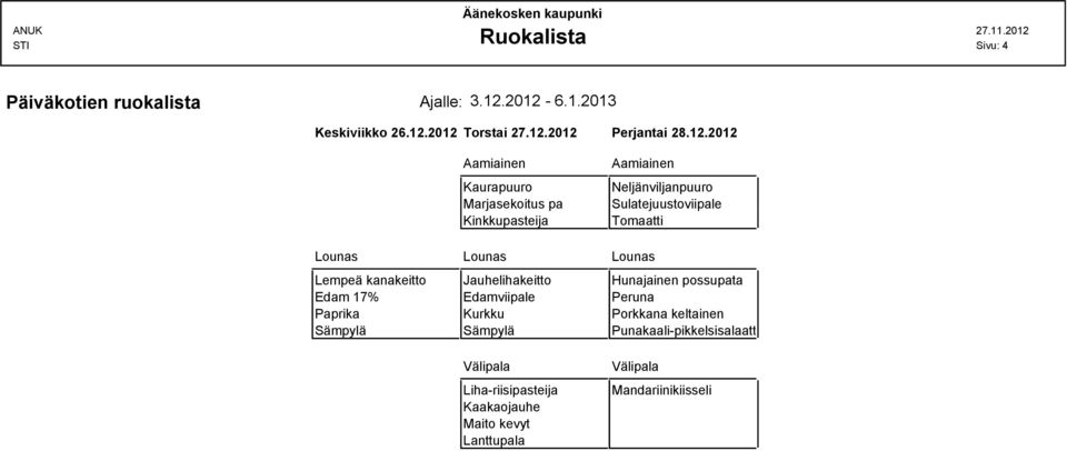 Neljänviljanpuuro Sulatejuustoviipale Lounas Lounas Lounas Lempeä kanakeitto Jauhelihakeitto Hunajainen