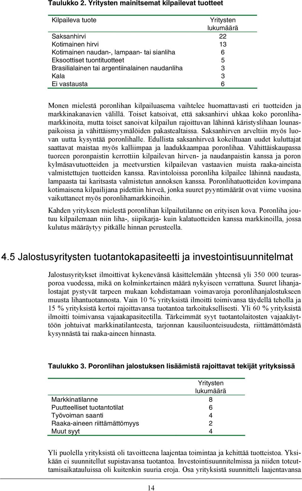 Brasilialainen tai argentiinalainen naudanliha 3 Kala 3 Ei vastausta 6 Monen mielestä poronlihan kilpailuasema vaihtelee huomattavasti eri tuotteiden ja markkinakanavien välillä.