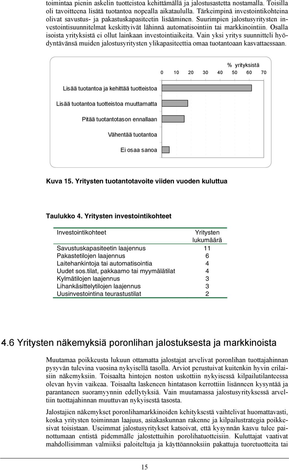 Osalla isoista yrityksistä ei ollut lainkaan investointiaikeita. Vain yksi yritys suunnitteli hyödyntävänsä muiden jalostusyritysten ylikapasiteettia omaa tuotantoaan kasvattaessaan.