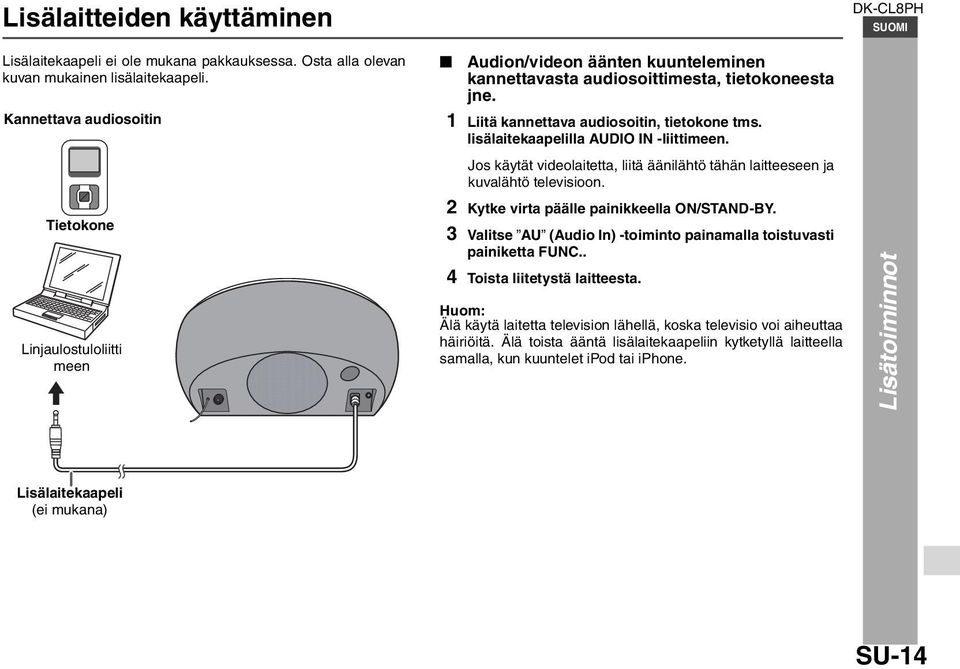 lisälaitekaapelilla AUDIO IN -liittimeen. Jos käytät videolaitetta, liitä äänilähtö tähän laitteeseen ja kuvalähtö televisioon. 2 Kytke virta päälle painikkeella ON/STAND-BY.