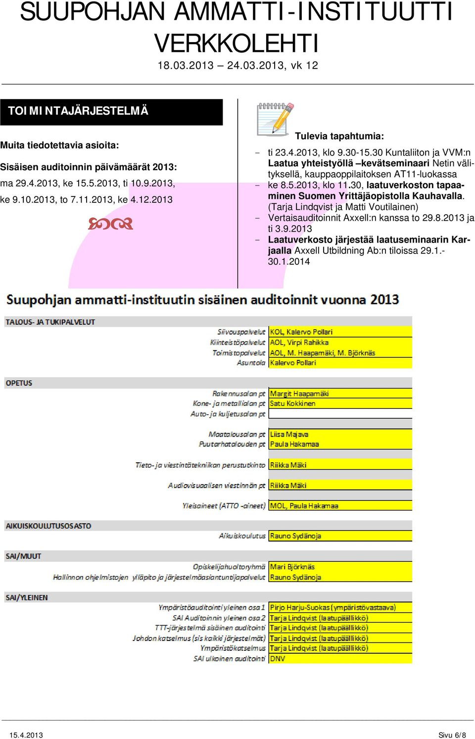 30 Kuntaliiton ja VVM:n Laatua yhteistyöllä kevätseminaari Netin välityksellä, kauppaoppilaitoksen AT11-luokassa - ke 8.5.2013, klo 11.