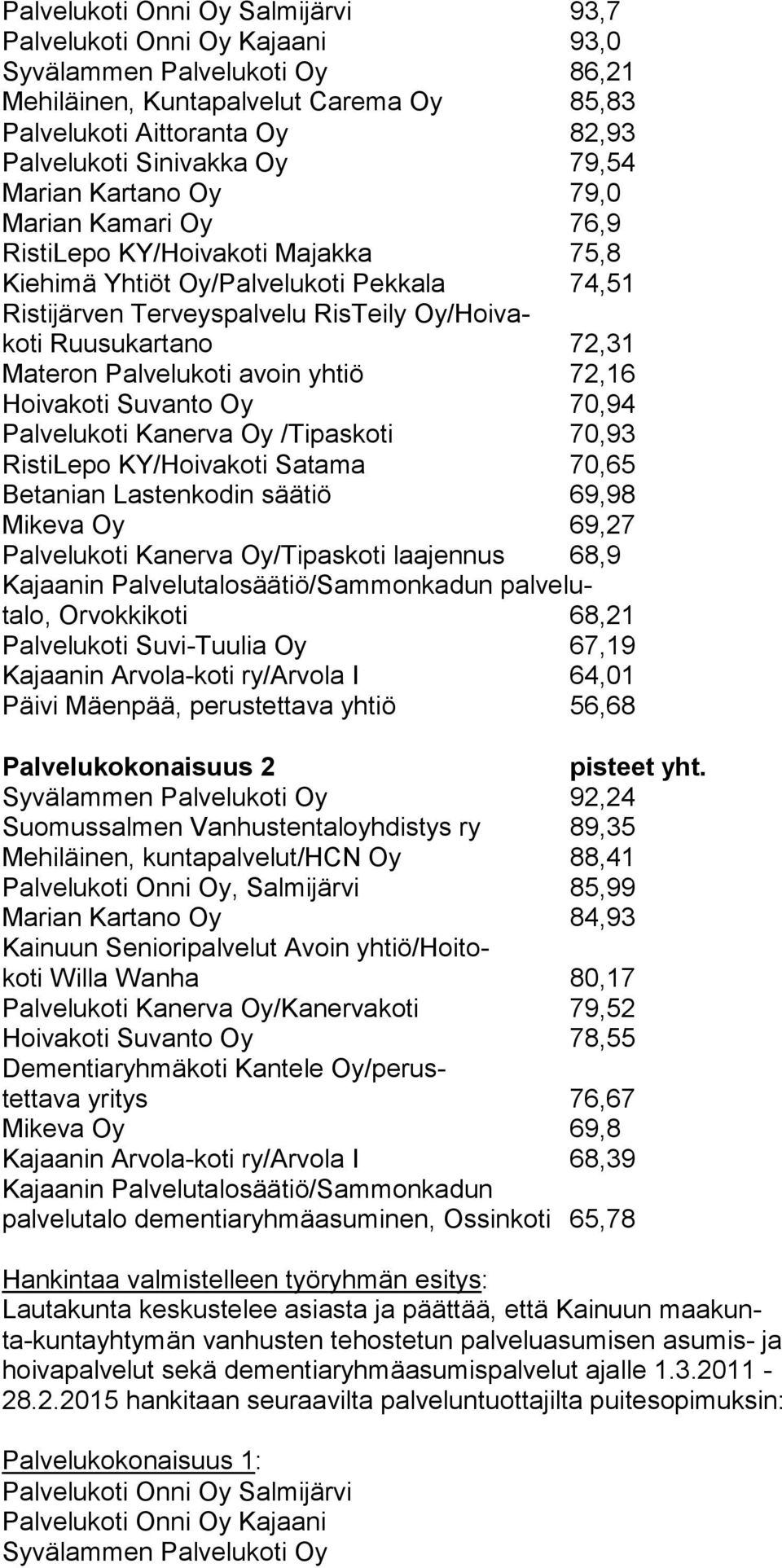 Materon Palvelukoti avoin yhtiö 72,16 Hoivakoti Suvanto Oy 70,94 Palvelukoti Kanerva Oy /Tipaskoti 70,93 RistiLepo KY/Hoivakoti Satama 70,65 Betanian Lastenkodin säätiö 69,98 Mikeva Oy 69,27