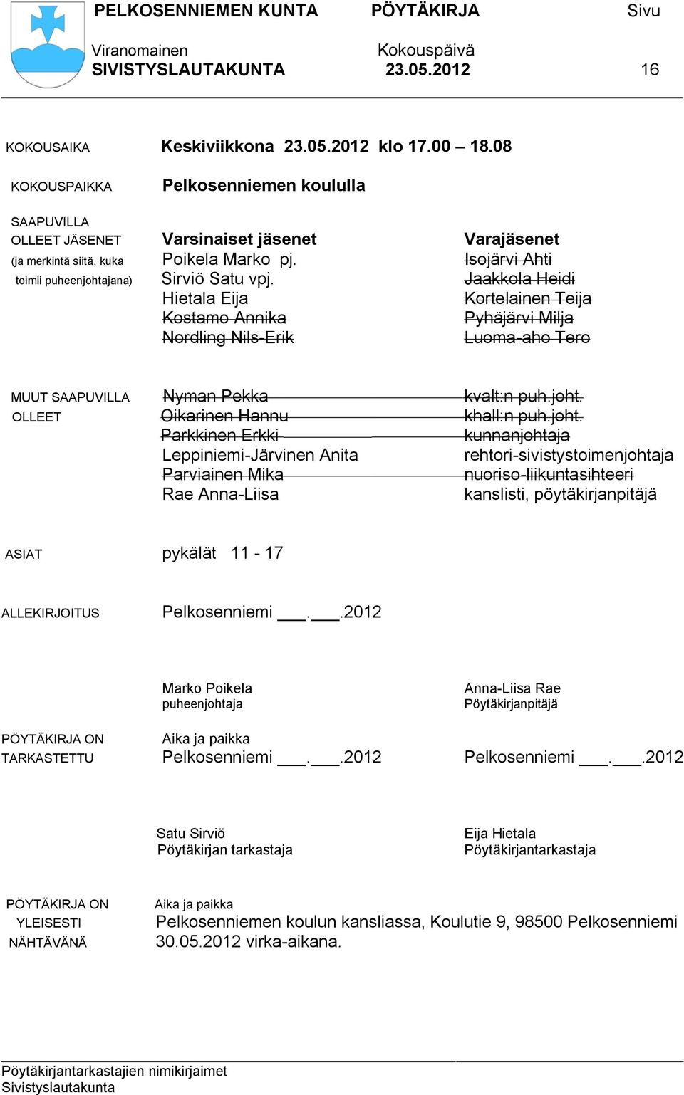 Jaakkola Heidi Hietala Eija Kortelainen Teija Kostamo Annika Pyhäjärvi Milja Nordling Nils-Erik Luoma-aho Tero MUUT SAAPUVILLA Nyman Pekka kvalt:n puh.joht.