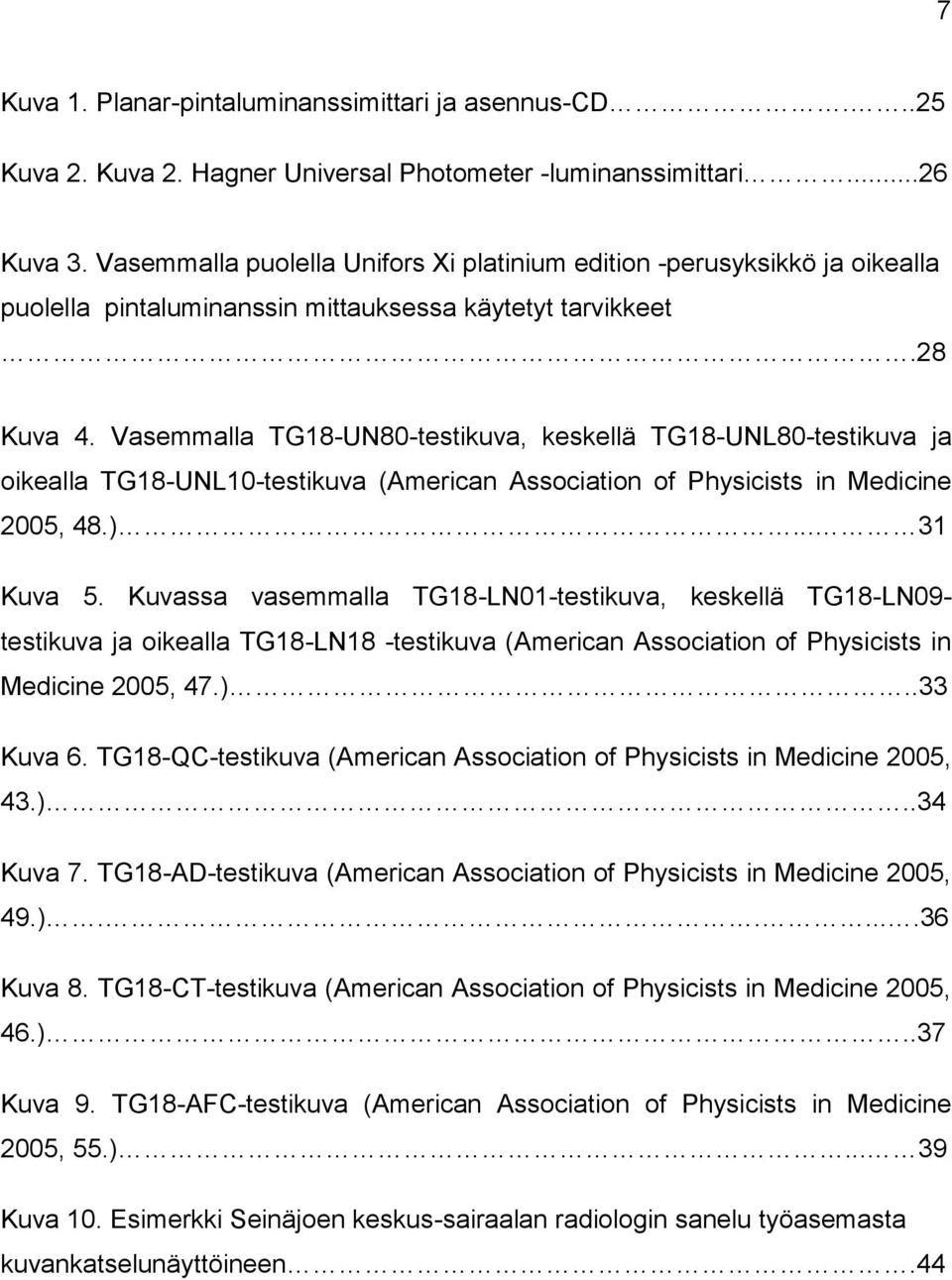 Vasemmalla TG18-UN80-testikuva, keskellä TG18-UNL80-testikuva ja oikealla TG18-UNL10-testikuva (American Association of Physicists in Medicine 2005, 48.)... 31 Kuva 5.