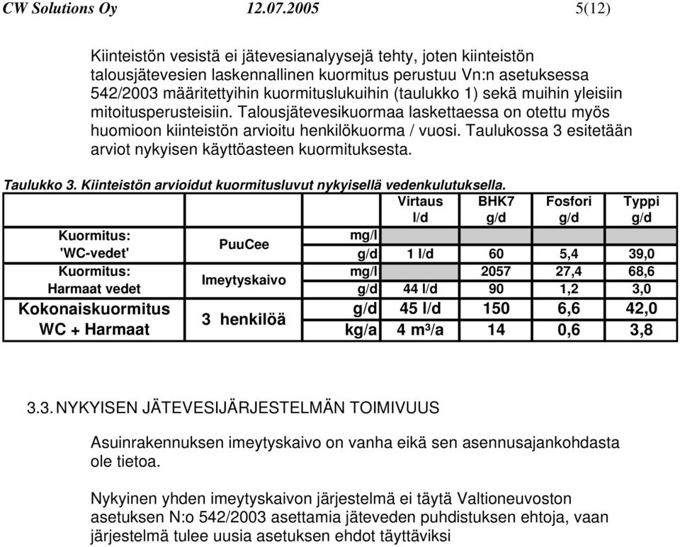 1) sekä muihin yleisiin mitoitusperusteisiin. Talousjätevesikuormaa laskettaessa on otettu myös huomioon kiinteistön arvioitu henkilökuorma / vuosi.