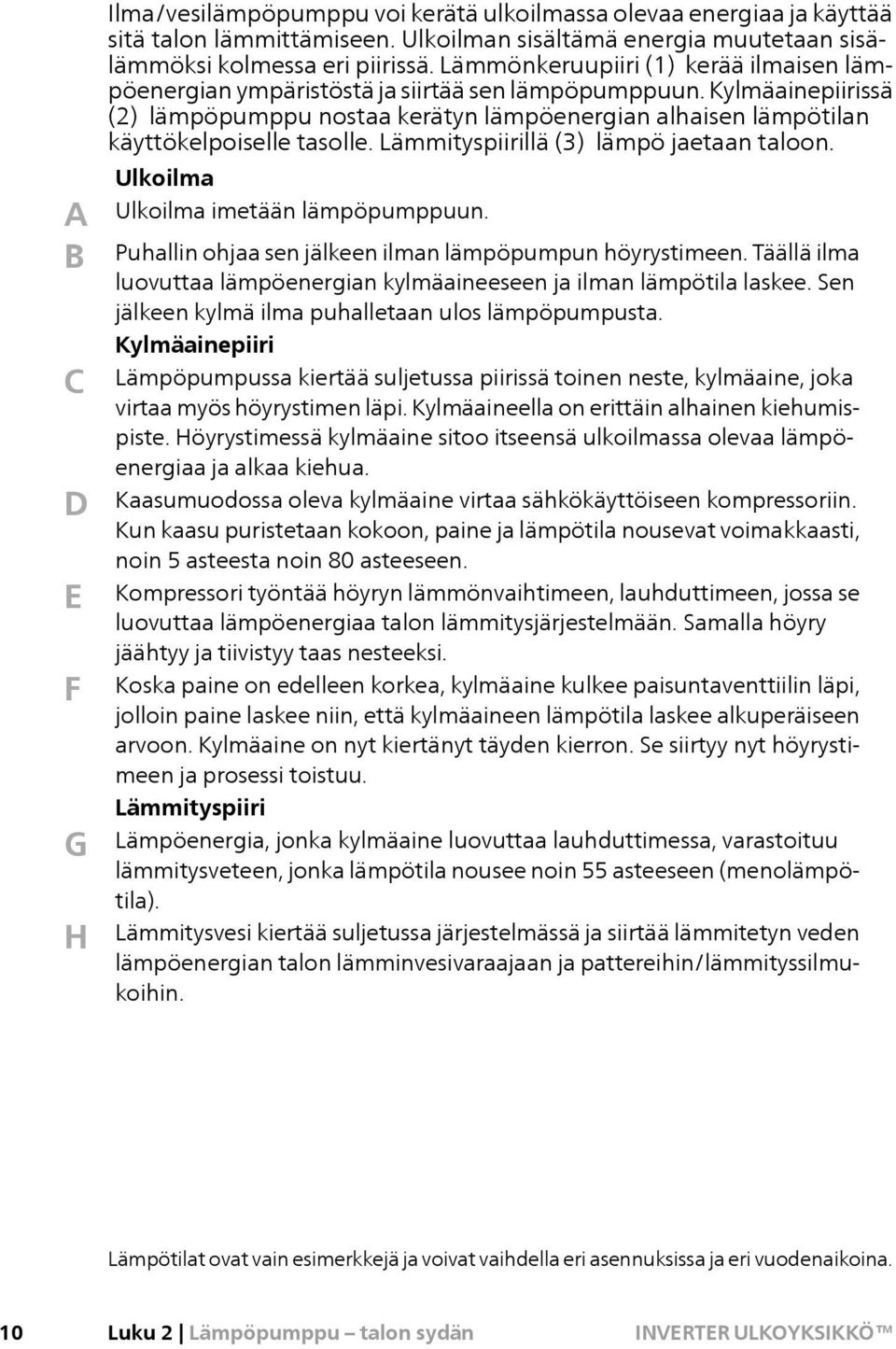 Kylmäainepiirissä (2) lämpöpumppu nostaa kerätyn lämpöenergian alhaisen lämpötilan käyttökelpoiselle tasolle. Lämmityspiirillä (3) lämpö jaetaan taloon. Ulkoilma Ulkoilma imetään lämpöpumppuun.