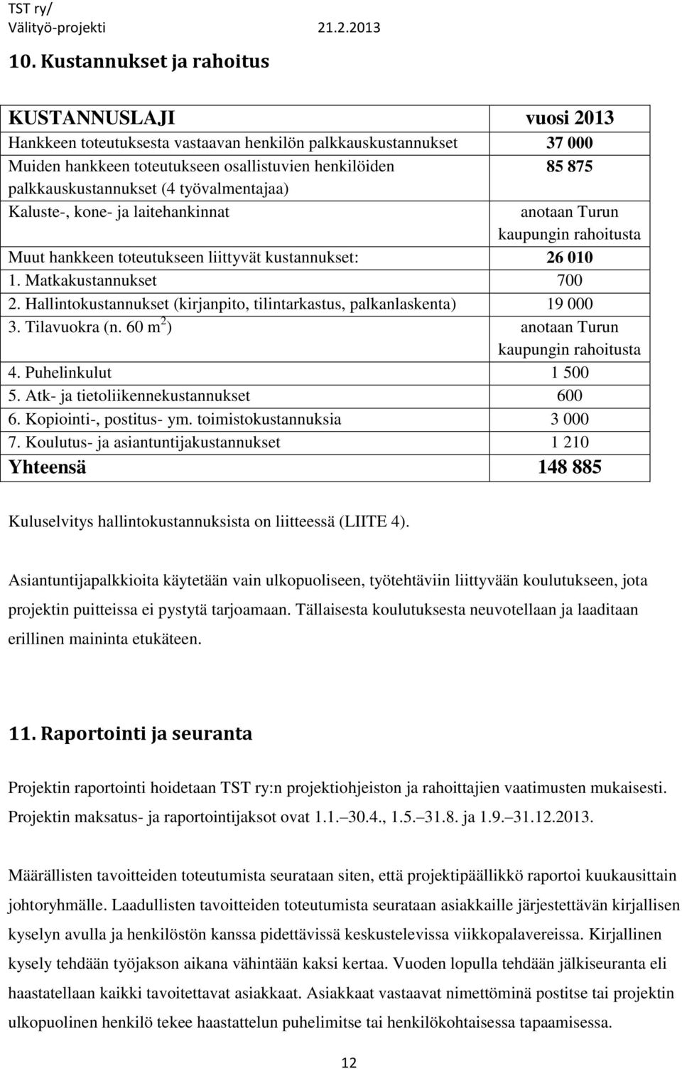 Hallintokustannukset (kirjanpito, tilintarkastus, palkanlaskenta) 19 000 3. Tilavuokra (n. 60 m 2 ) anotaan Turun kaupungin rahoitusta 4. Puhelinkulut 1 500 5. Atk- ja tietoliikennekustannukset 600 6.