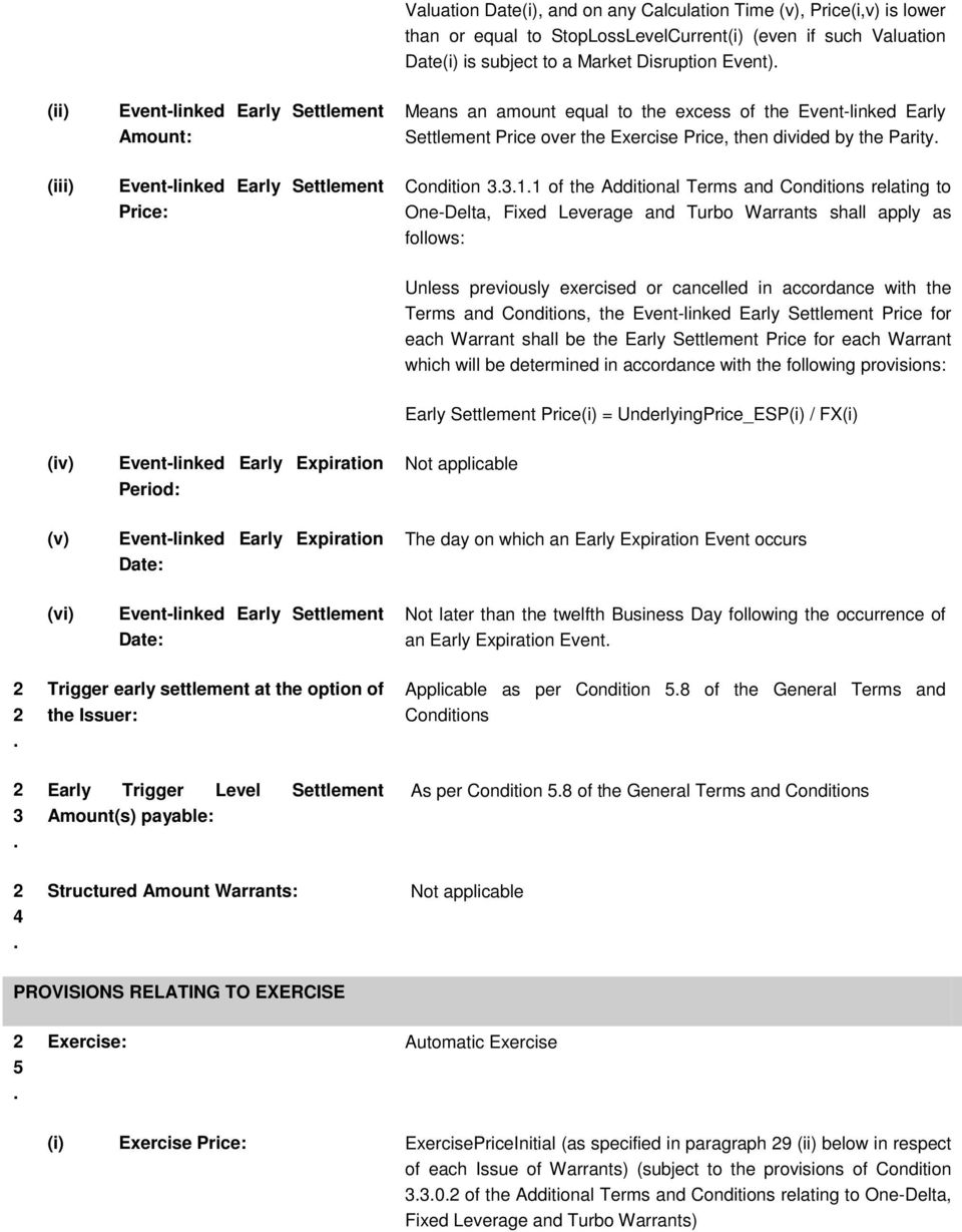 Parity Condition 3311 of the Additional Terms and Conditions relating to One-Delta, Fixed Leverage and Turbo Warrants shall apply as follows: Unless previously exercised or cancelled in accordance