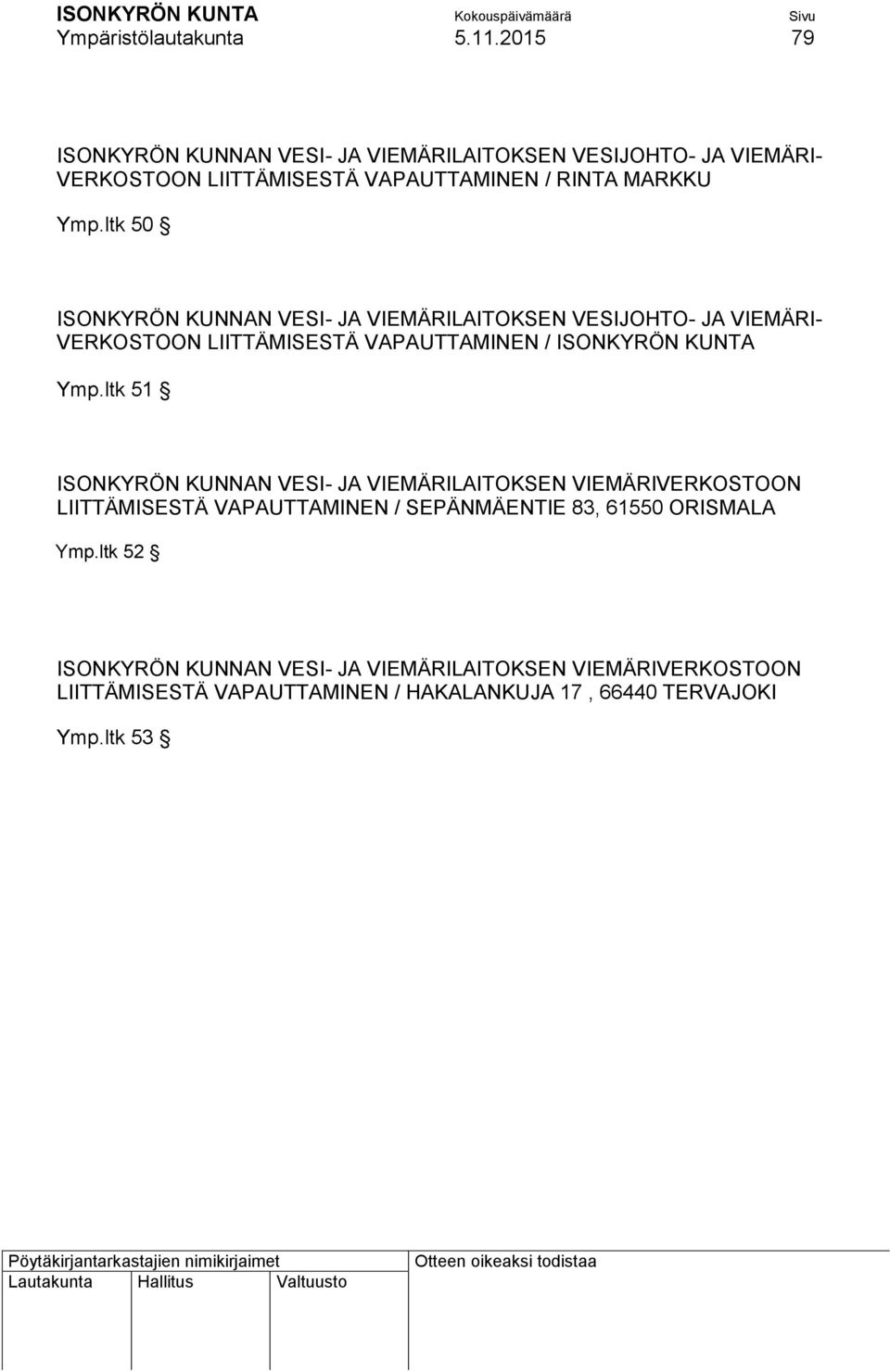 ltk 50 ISONKYRÖN KUNNAN VESI- JA VIEMÄRILAITOKSEN VESIJOHTO- JA VIEMÄRI- VERKOSTOON LIITTÄMISESTÄ VAPAUTTAMINEN / ISONKYRÖN KUNTA Ymp.