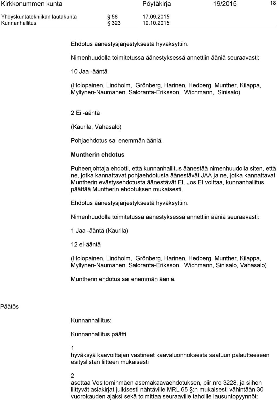 Wichmann, Sinisalo) 2 Ei -ääntä (Kaurila, Vahasalo) Pohjaehdotus sai enemmän ääniä.