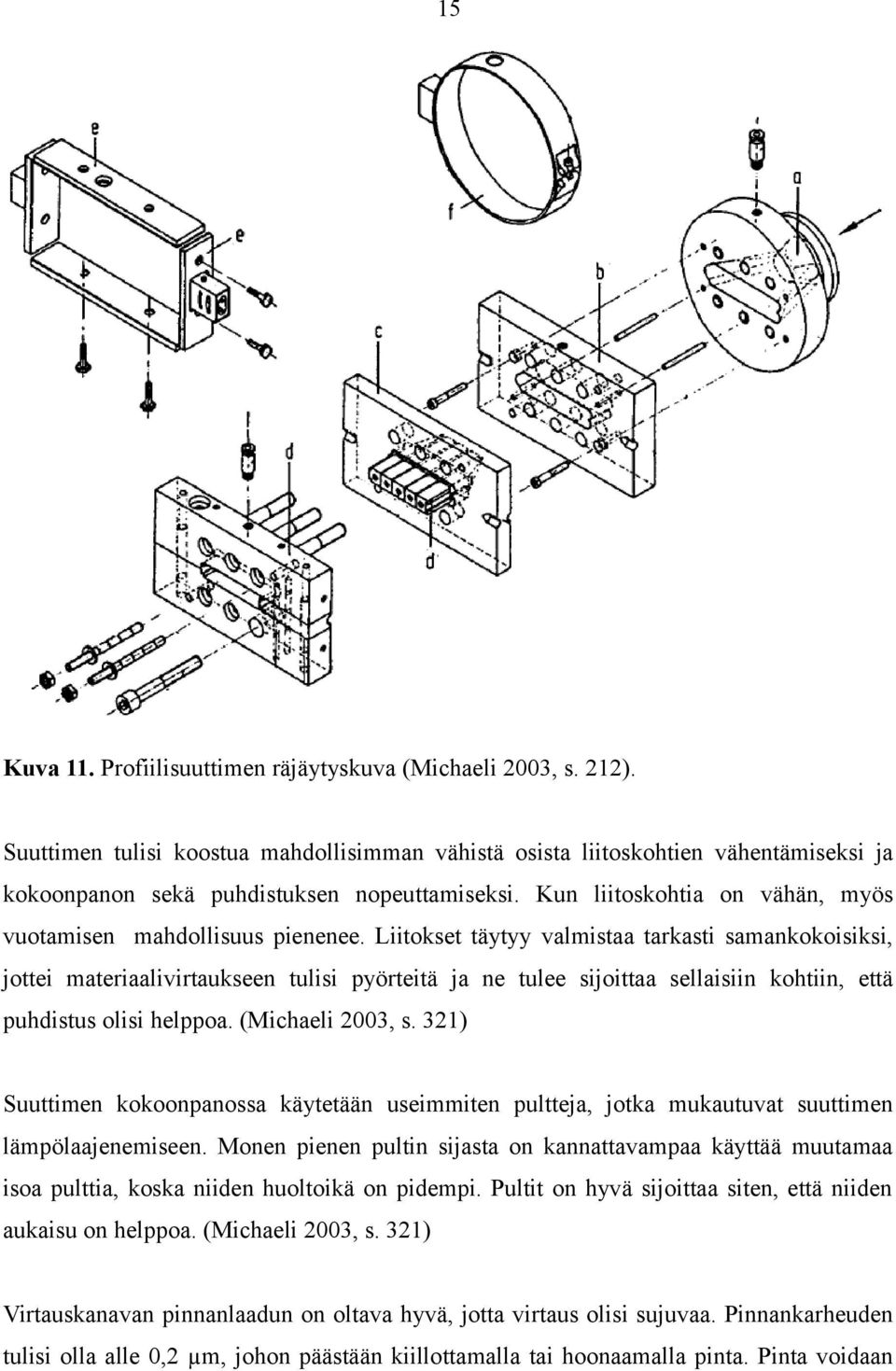 Liitokset täytyy valmistaa tarkasti samankokoisiksi, jottei materiaalivirtaukseen tulisi pyörteitä ja ne tulee sijoittaa sellaisiin kohtiin, että puhdistus olisi helppoa. (Michaeli 2003, s.