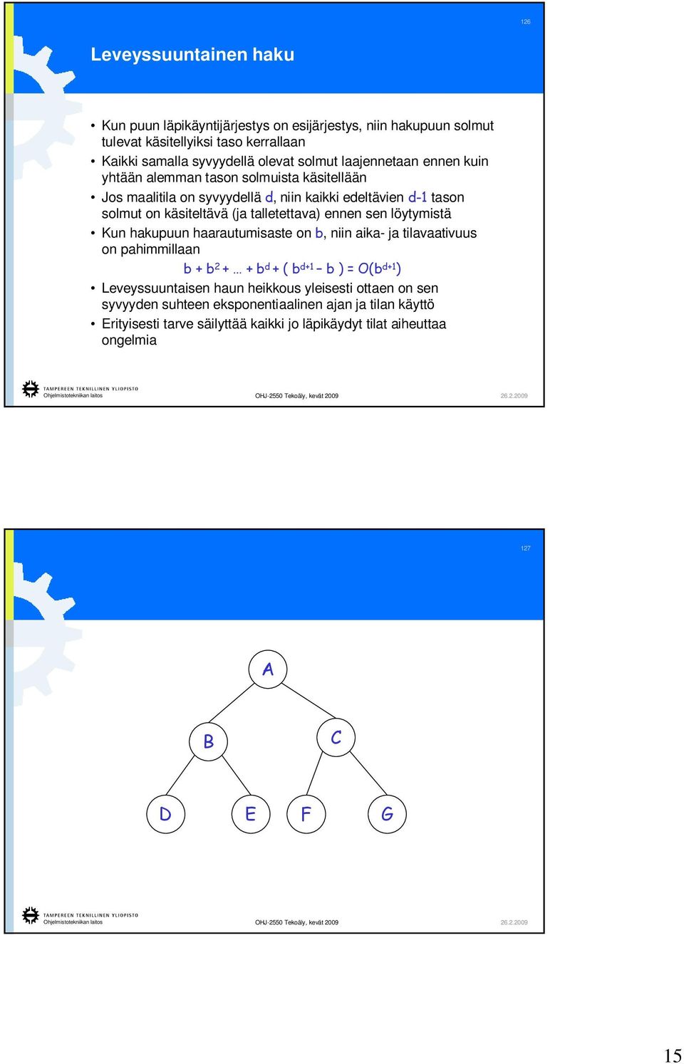 ennen sen löytymistä Kun hakupuun haarautumisaste on b, niin aika- ja tilavaativuus on pahimmillaan b + b 2 + + b d + ( b d+1 b ) = O(b d+1 ) Leveyssuuntaisen haun heikkous