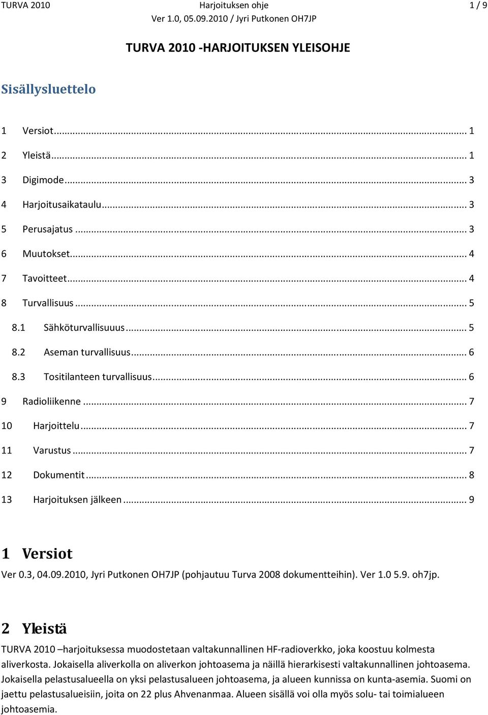 .. 7 12 Dokumentit... 8 13 Harjoituksen jälkeen... 9 1 Versiot Ver 0.3, 04.09.2010, Jyri Putkonen OH7JP (pohjautuu Turva 2008 dokumentteihin). Ver 1.0 5.9. oh7jp.