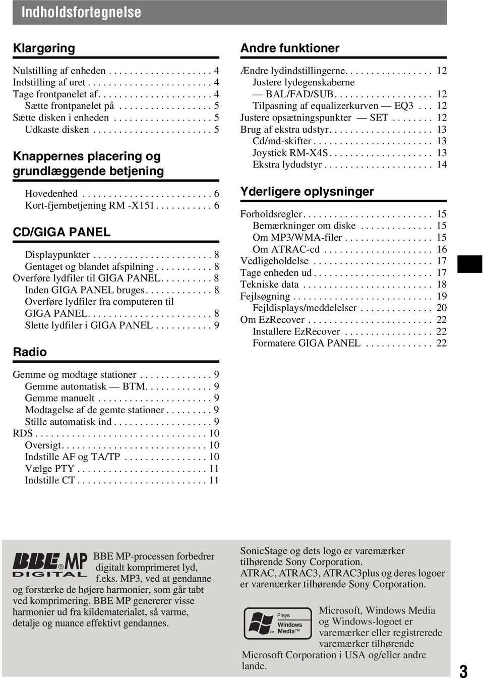 .......... 6 CD/GIGA PANEL Displaypunkter....................... 8 Gentaget og blandet afspilning........... 8 Overføre lydfiler til GIGA PANEL.......... 8 Inden GIGA PANEL bruges.