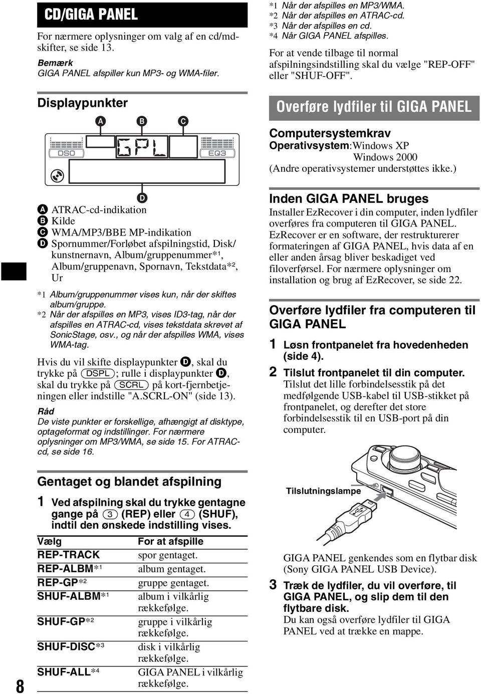 Overføre lydfiler til GIGA PANEL Computersystemkrav Operativsystem:Windows XP Windows 2000 (Andre operativsystemer understøttes ikke.