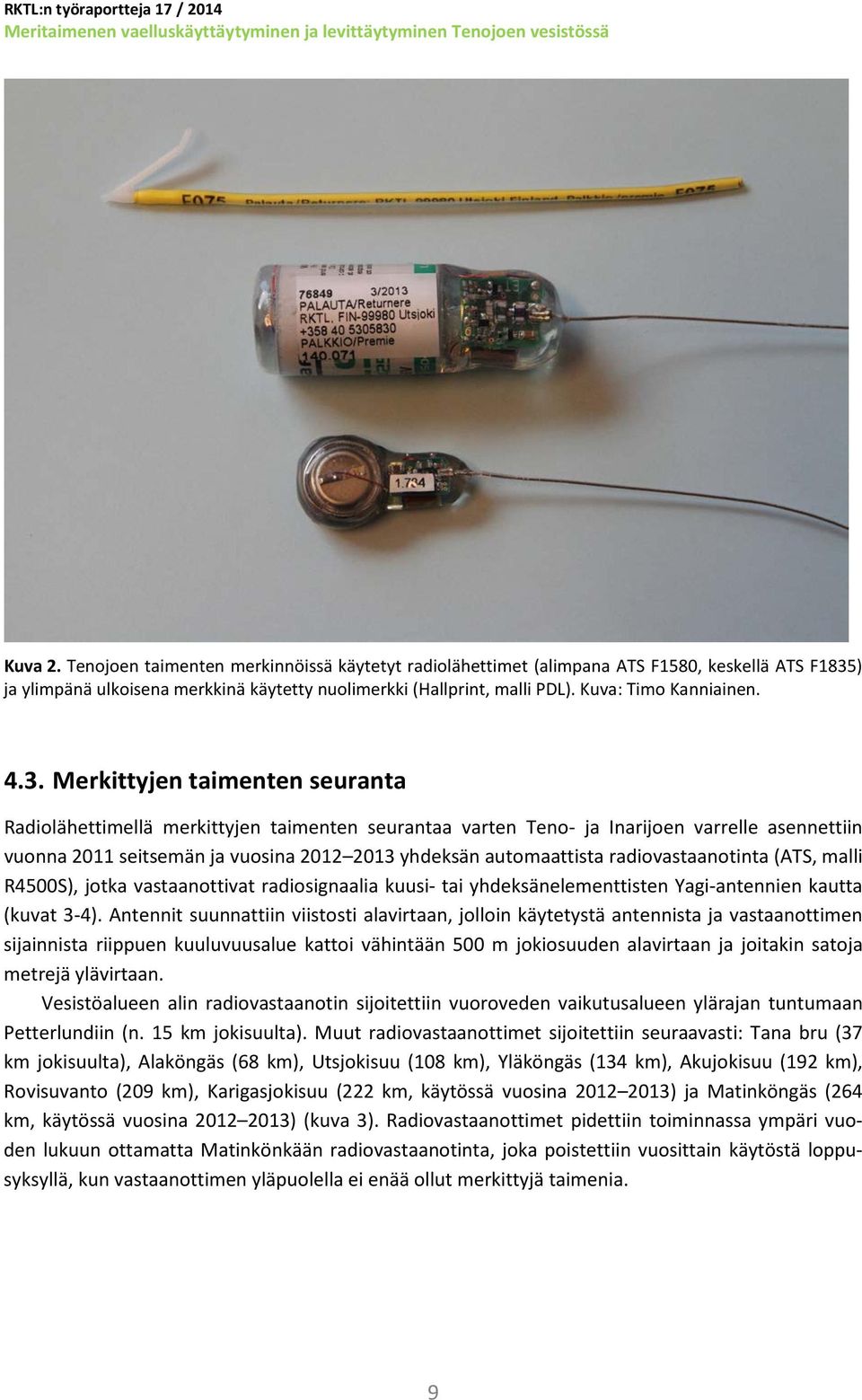 Merkittyjen taimenten seuranta Radiolähettimellä merkittyjen taimenten seurantaa varten Teno- ja Inarijoen varrelle asennettiin vuonna 2011 seitsemän ja vuosina 2012 2013 yhdeksän automaattista