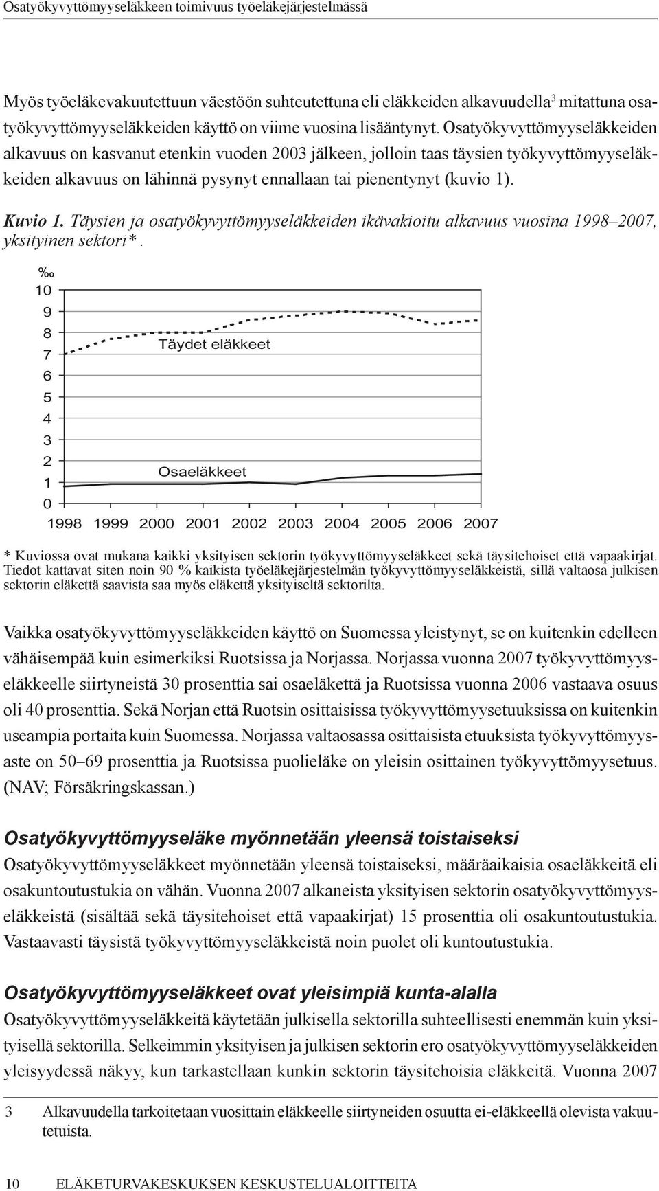 Täysien ja osatyökyvyttömyyseläkkeiden ikävakioitu alkavuus vuosina 1998 2007, yksityinen sektori*.
