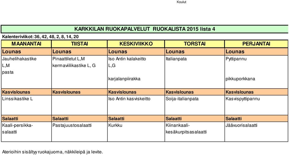 G L,G pasta karjalanpiirakka pikkuporkkana Linssikastike L Iso Antin kasviskeitto Soija-italianpata