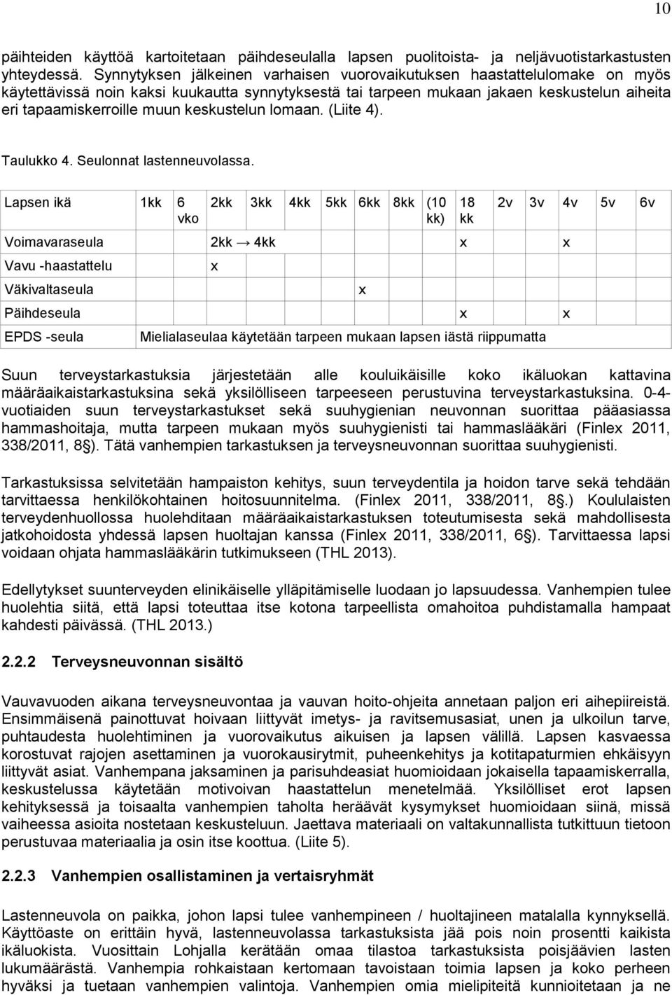 keskustelun lomaan. (Liite 4). Taulukko 4. Seulonnat lastenneuvolassa.