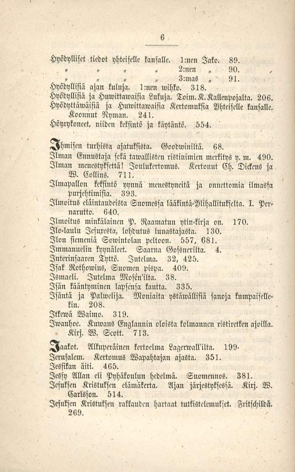 Ilman Ennustaja setä tawallisten ristinimien merkitys y. m. 490. Ilman menestyksettä! Joulukertomus. Kertonut Ch. Dickens ja W. Collins. 711.
