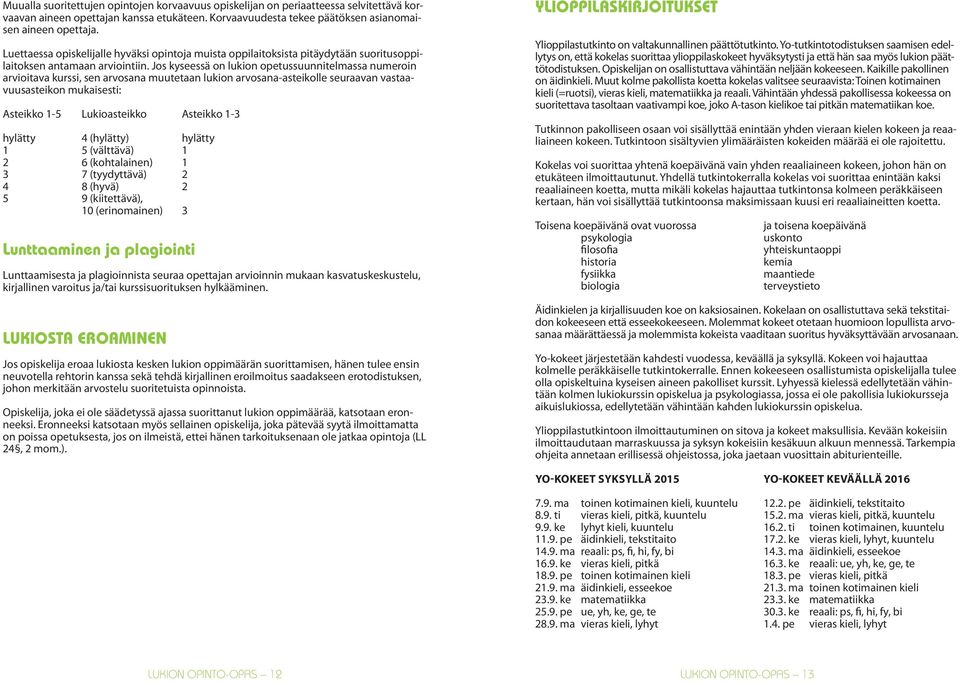 Jos kyseessä on lukion opetussuunnitelmassa numeroin arvioitava kurssi, sen arvosana muutetaan lukion arvosana-asteikolle seuraavan vastaavuusasteikon mukaisesti: Asteikko 1-5 Lukioasteikko Asteikko